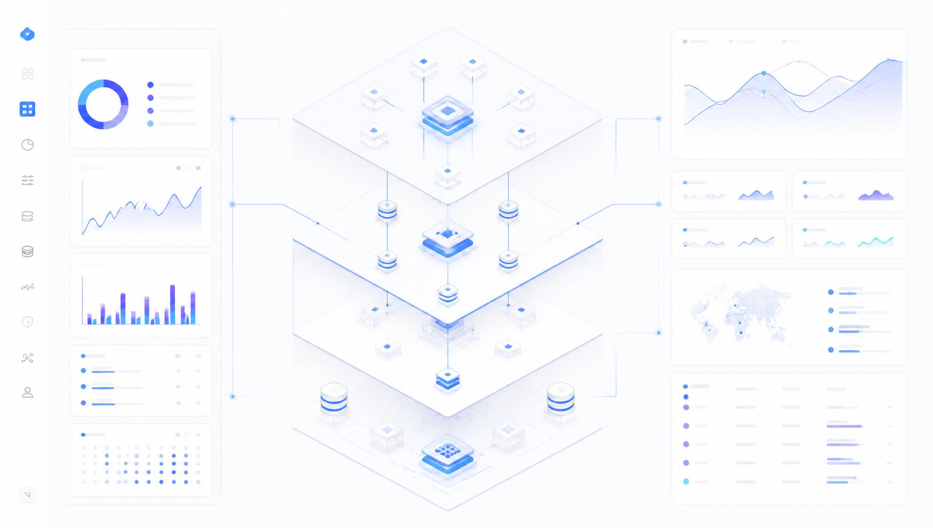 Layered system architecture diagram blended with enterprise analytics dashboards